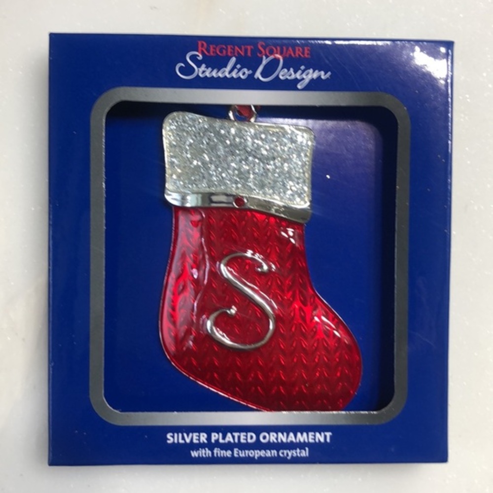 Silver Plated Monogramed Red Stocking Ornament with European Crystals nwt S